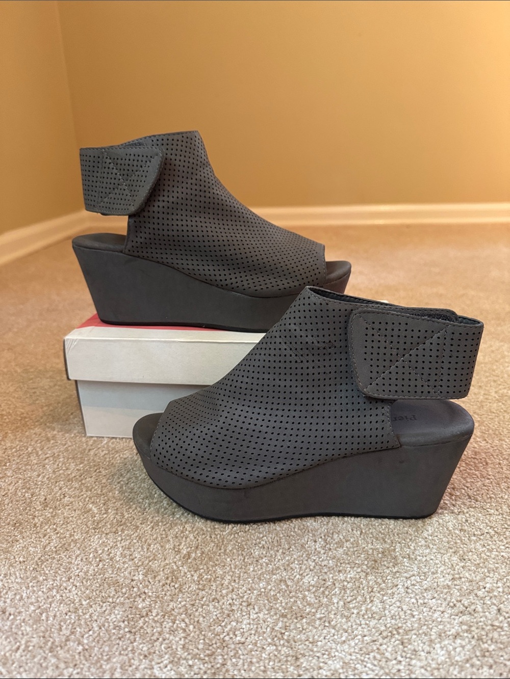 Pierre Dumas Blue/Gray Perforated Wedge Sandals with Ankle Cuff Size 8